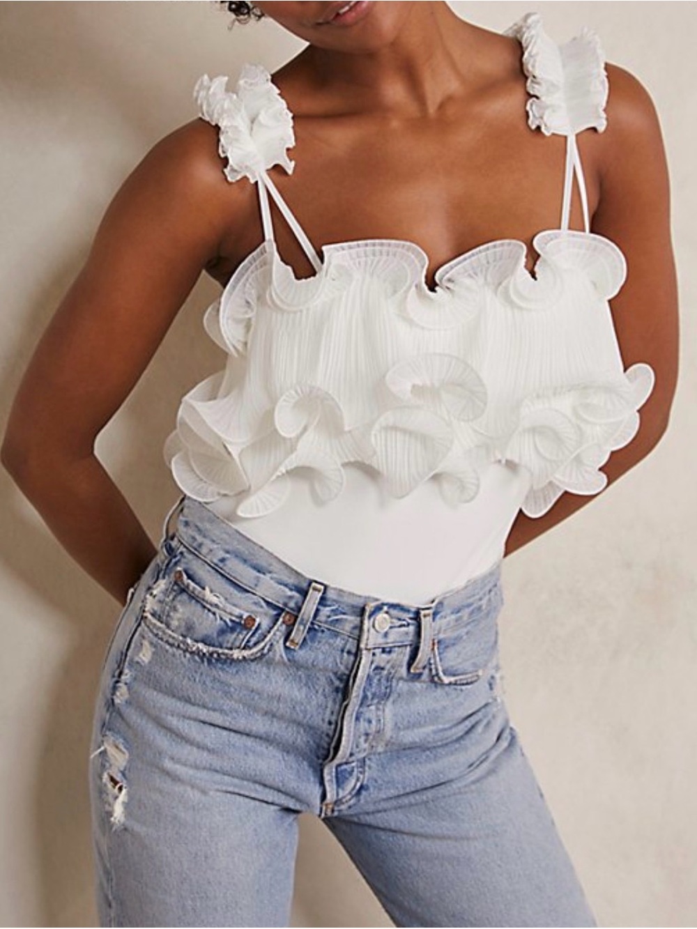 Free People White Ruffled Strap Bodysuit